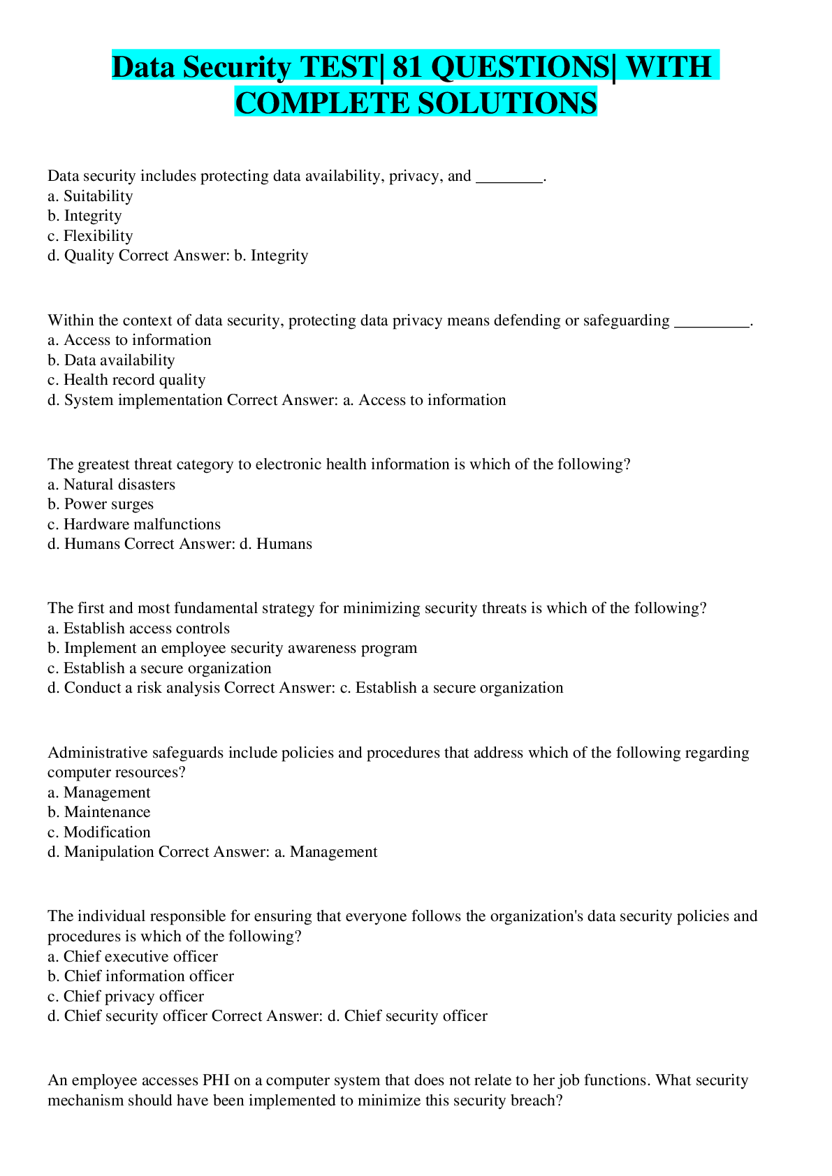 Preview image of HIMT 1250 Data Security TEST| 81 QUESTIONS| WITH COMPLETE SOLUTIONS document